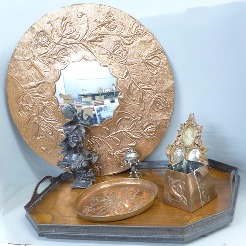 807 - An Arts and Crafts copper mirror, a Newlyn copper pot, another Arts and Crafts tray, a bust, an Edwa... 