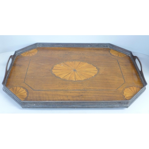 807 - An Arts and Crafts copper mirror, a Newlyn copper pot, another Arts and Crafts tray, a bust, an Edwa... 