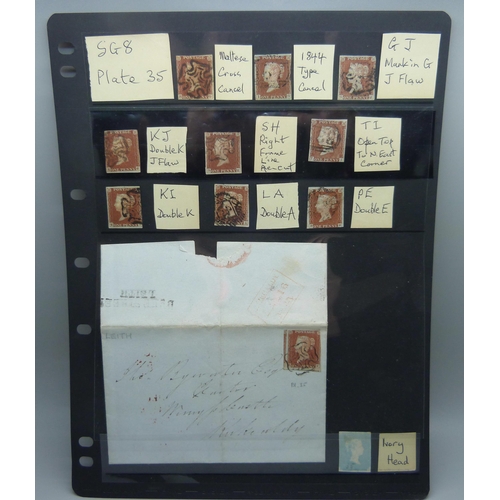 808 - Stamps; a study of SG8 plate 35 on stock card including seven listed varieties, ivory head, entire f... 