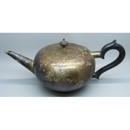 814 - A silver tea pot with inscription, 522g