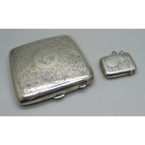 824 - A silver cigarette case and a silver vesta, 98g and 16g