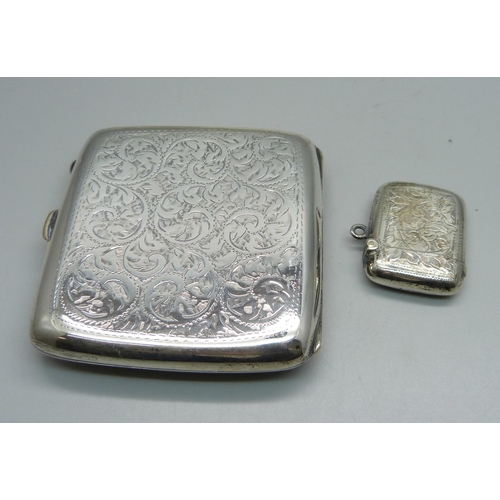 824 - A silver cigarette case and a silver vesta, 98g and 16g