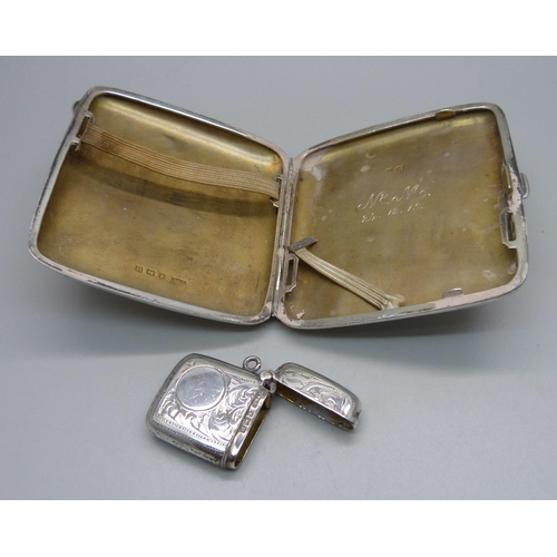 824 - A silver cigarette case and a silver vesta, 98g and 16g