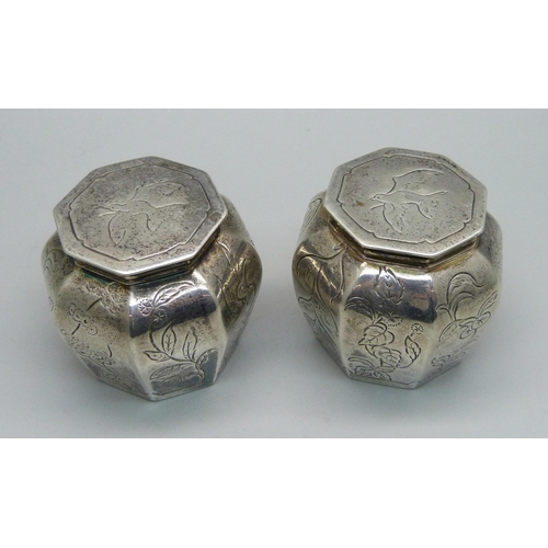 831 - A pair of silver lidded spice boxes, Crighton & Sons, London 1912, 159g