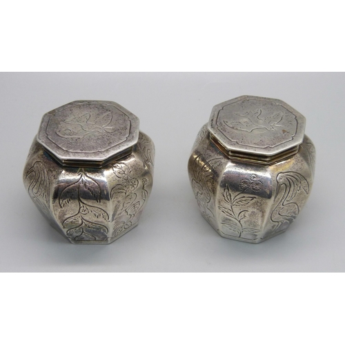 831 - A pair of silver lidded spice boxes, Crighton & Sons, London 1912, 159g