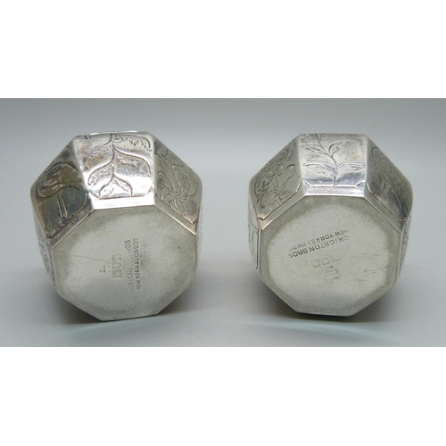 831 - A pair of silver lidded spice boxes, Crighton & Sons, London 1912, 159g