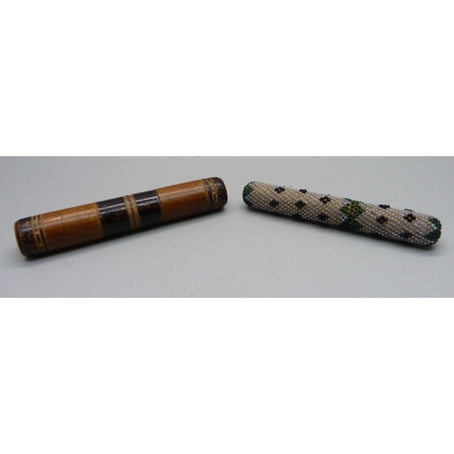 832 - Two 19th Century needle cases, one wooden, one beadwork