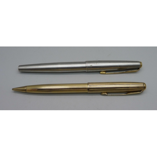 855 - A Parker pen, barrel engraved, a/f and a Parker Sonnet pencil in gold plated casing