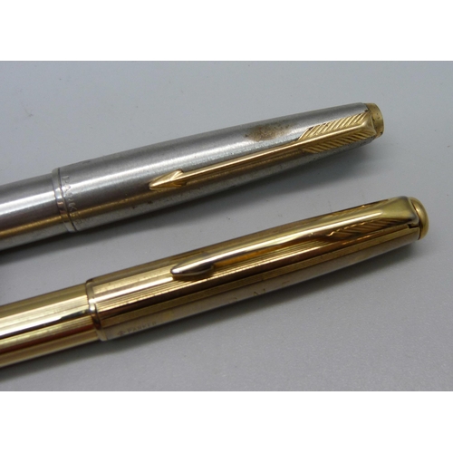 855 - A Parker pen, barrel engraved, a/f and a Parker Sonnet pencil in gold plated casing