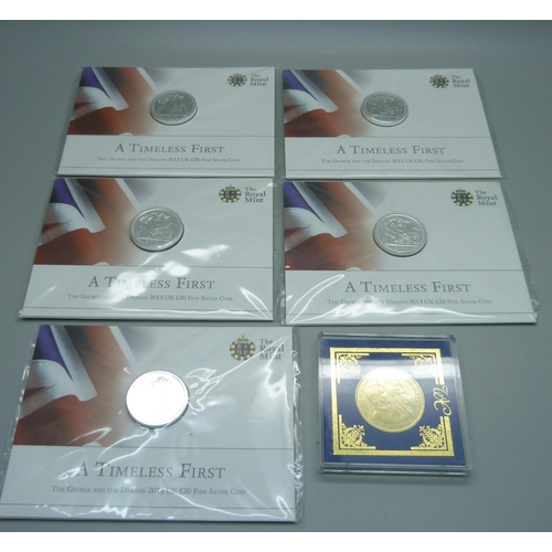 858 - The Royal Mint, A Timeless First The George and The Dragon 2013 UK £20 Fine Silver Coin x5 and a 201... 