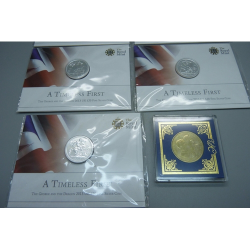 858 - The Royal Mint, A Timeless First The George and The Dragon 2013 UK £20 Fine Silver Coin x5 and a 201... 