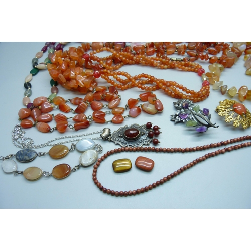 888 - Hardstone and bead jewellery, pendants, necklaces, brooches, etc.