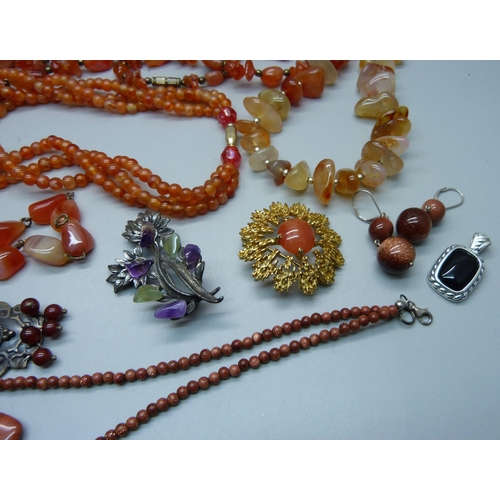 888 - Hardstone and bead jewellery, pendants, necklaces, brooches, etc.