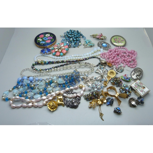 890 - A collection of Bohemian crystal and glass, bead necklaces, compact, brooches, pill box, etc.