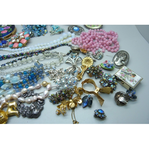 890 - A collection of Bohemian crystal and glass, bead necklaces, compact, brooches, pill box, etc.