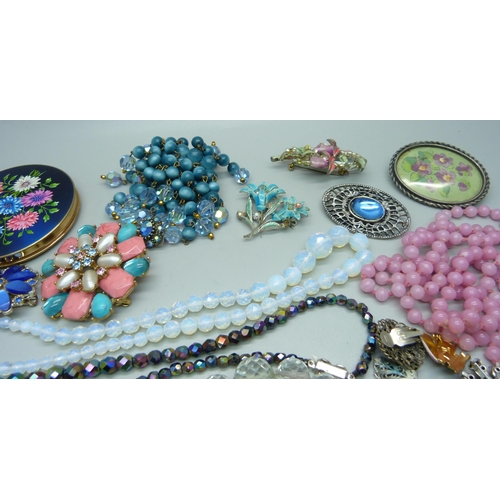 890 - A collection of Bohemian crystal and glass, bead necklaces, compact, brooches, pill box, etc.