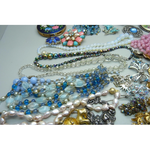 890 - A collection of Bohemian crystal and glass, bead necklaces, compact, brooches, pill box, etc.