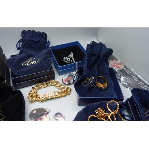 896 - Elvis Presley memorabilia; boxed jewellery, wristwatch, belt buckle and fridge magnets