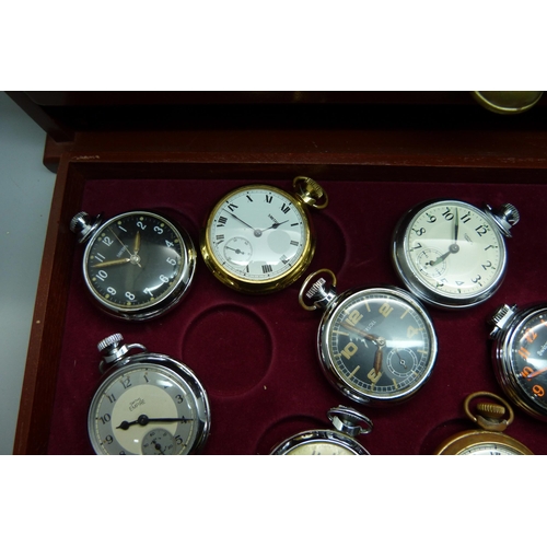 899 - A three-drawer cabinet containing thirty 'dollar' and other pocket watches, including Disney Mickey ... 