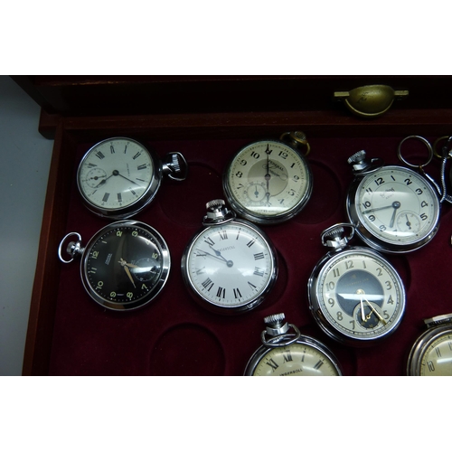 899 - A three-drawer cabinet containing thirty 'dollar' and other pocket watches, including Disney Mickey ... 