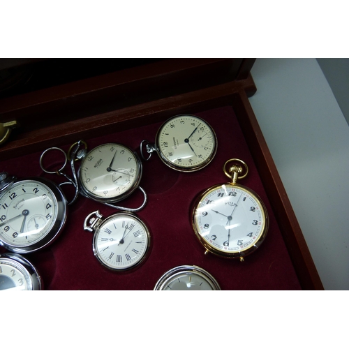 899 - A three-drawer cabinet containing thirty 'dollar' and other pocket watches, including Disney Mickey ... 