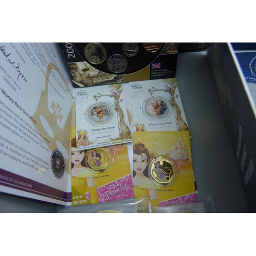 901 - Coins; coin packs, two Winnie the Pooh 50p coins, two Queen Elizabeth II 90th Birthday coins, a 2009... 