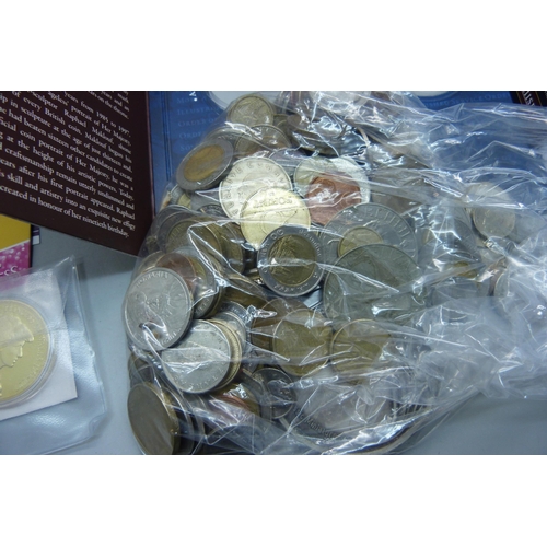 901 - Coins; coin packs, two Winnie the Pooh 50p coins, two Queen Elizabeth II 90th Birthday coins, a 2009... 