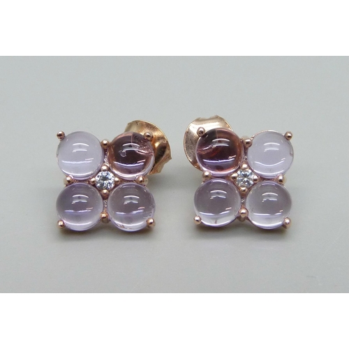 919 - A pair of silver gilt, pink cabochon stone and zircon earrings