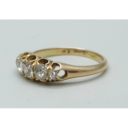 936 - An antique 18ct gold, five stone diamond ring, approximately 0.80ct diamond weight, 3.4g, P/Q