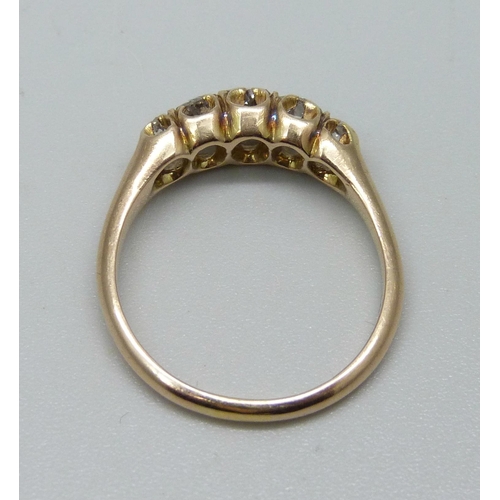 936 - An antique 18ct gold, five stone diamond ring, approximately 0.80ct diamond weight, 3.4g, P/Q