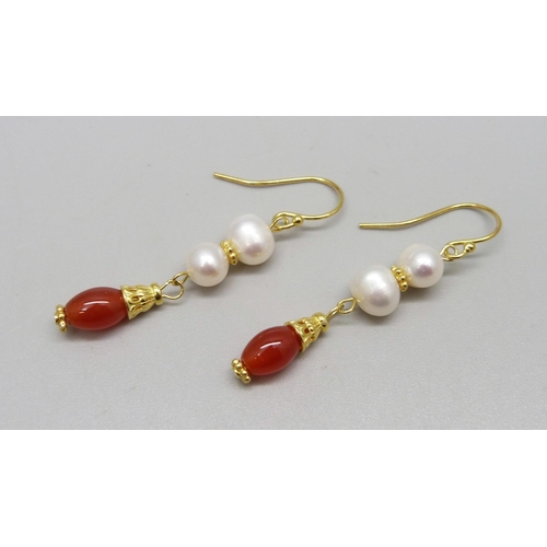 945 - A pair of silver gilt, freshwater pearl and red onyx drop earrings, with certificate