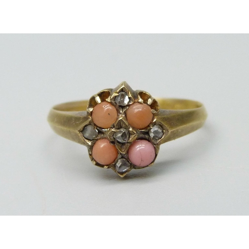 953 - A Victorian 15ct gold, coral and diamond ring, Birmingham 1876, 2.5g, M