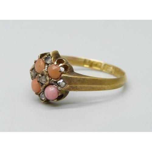 953 - A Victorian 15ct gold, coral and diamond ring, Birmingham 1876, 2.5g, M