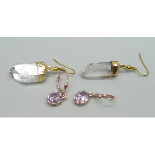 961 - A pair of pink stone earrings and a pair of rutile quartz earrings