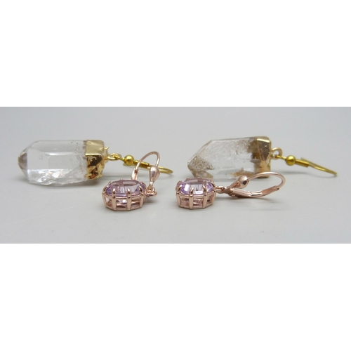 961 - A pair of pink stone earrings and a pair of rutile quartz earrings