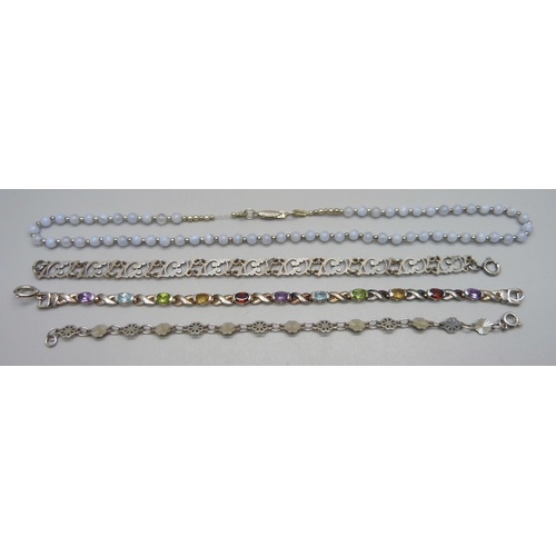 976 - Three silver bracelets and a silver and bead necklet