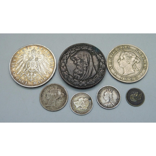 984 - A German silver 1912 Drei mark coin, 1787 token and other silver coins