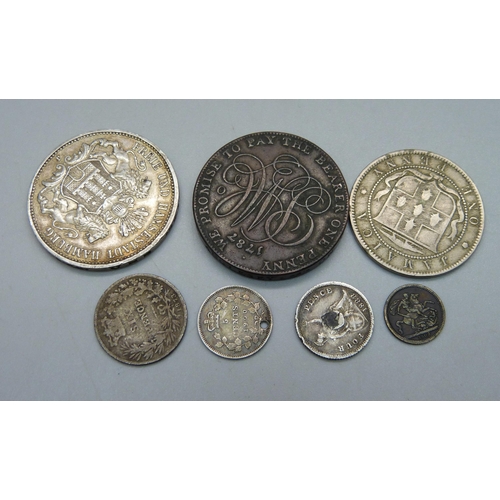 984 - A German silver 1912 Drei mark coin, 1787 token and other silver coins