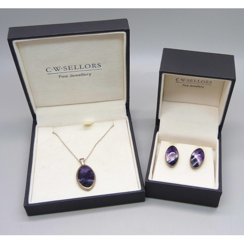 986 - A pair of silver and Blue John earrings and a pendant and chain