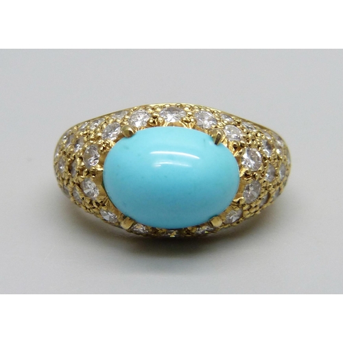 988 - An 18ct gold, turquoise and diamond ring, 8.7g, N