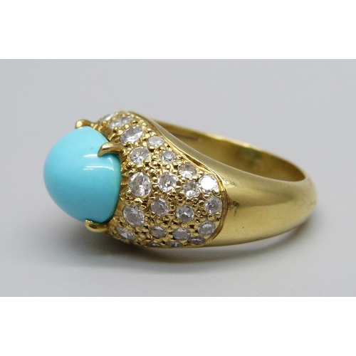 988 - An 18ct gold, turquoise and diamond ring, 8.7g, N