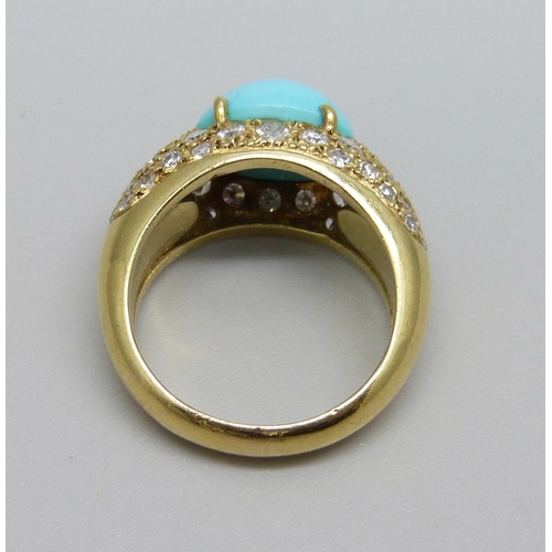 988 - An 18ct gold, turquoise and diamond ring, 8.7g, N