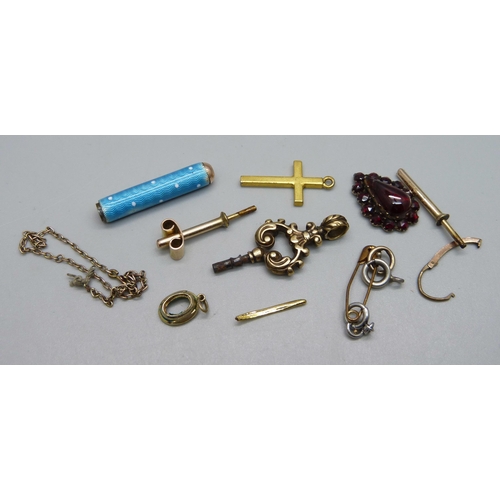 996 - A cross pendants, a watch key, a garnet cluster, a/f, etc.