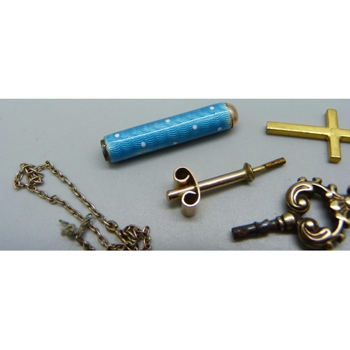 996 - A cross pendants, a watch key, a garnet cluster, a/f, etc.