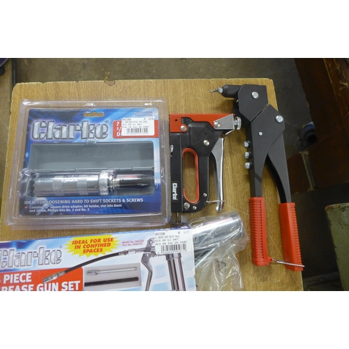 2027 - A tray of assorted Clarke tools including - pliers, staple gun, Blue Spot jig-set and more