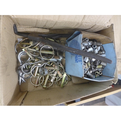 2038 - A large quantity of brake pipe unions, spring clips and a large pair of circlip pliers