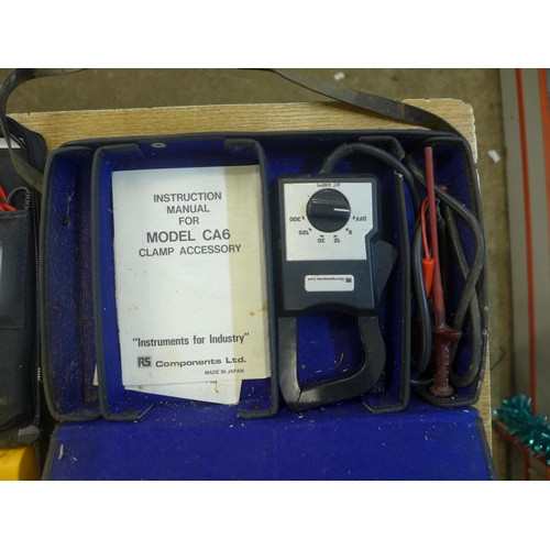 2039 - A quantity of electrical equipment including an RS model CA6 clamp accessory, Avometer multi-meter, ... 