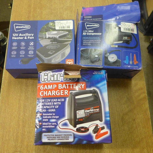 2081 - A Clarke 6 amp battery charger with Streetwise 12v mini compressor and 12v fan heater