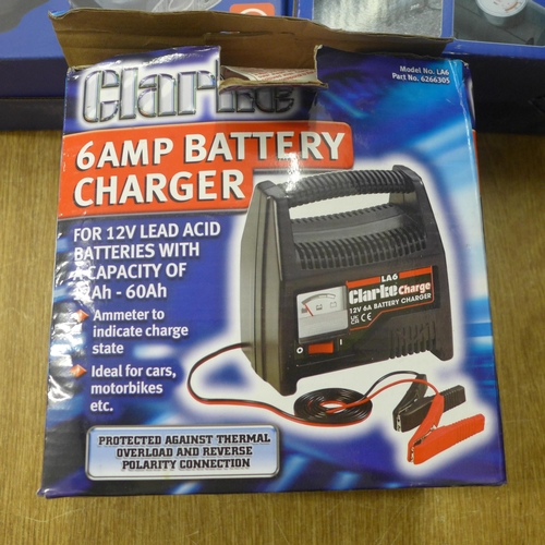 2081 - A Clarke 6 amp battery charger with Streetwise 12v mini compressor and 12v fan heater