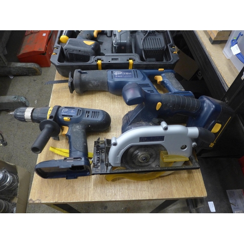 2118 - A Pro Performance drill, circular saw, rips and torch plus a MacAllister drill